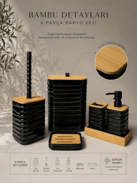 Okyanus Home Luna Siyah Gerçek Bambu Detaylı 7LT 6 Parça Tepsili Banyo Seti