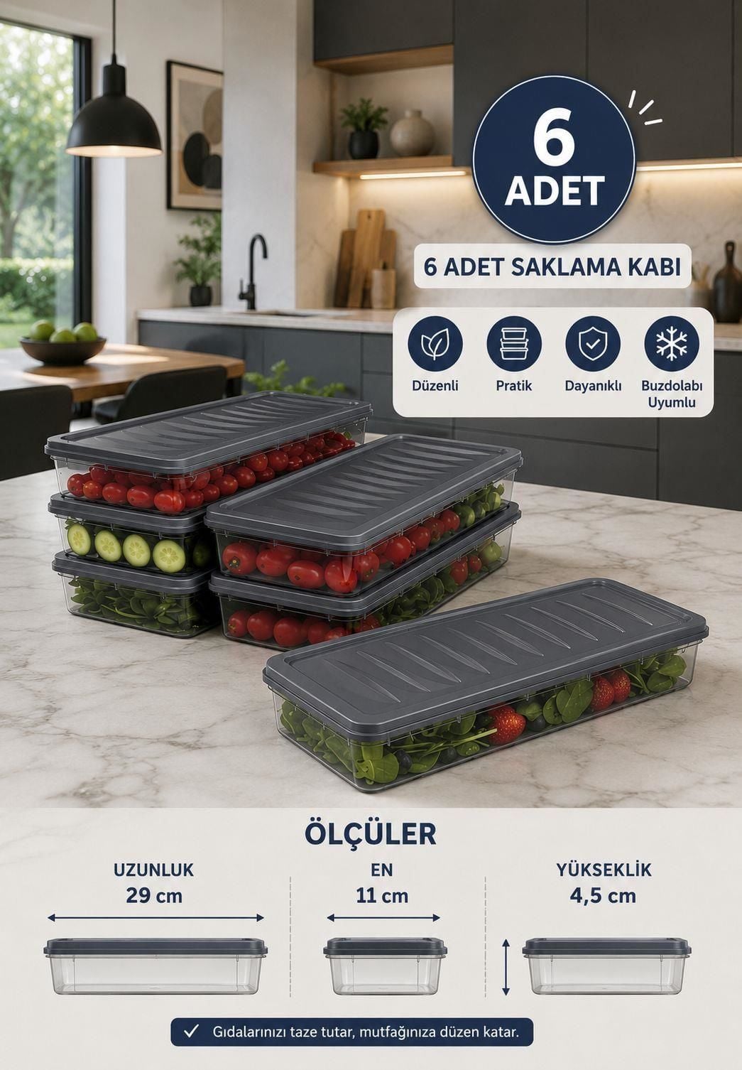 Okyanus Home Buzdolabı  Ve Dondurucuya Uygun Saklama Kabı Antrasit 6 ADET 1170ML