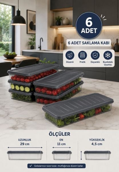 Okyanus Home Buzdolabı  Ve Dondurucuya Uygun Saklama Kabı Antrasit 6 ADET 1170ML