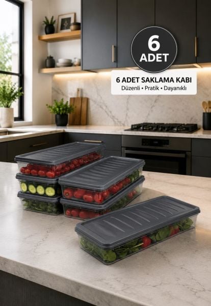 Okyanus Home Buzdolabı  Ve Dondurucuya Uygun Saklama Kabı Antrasit 6 ADET 1170ML