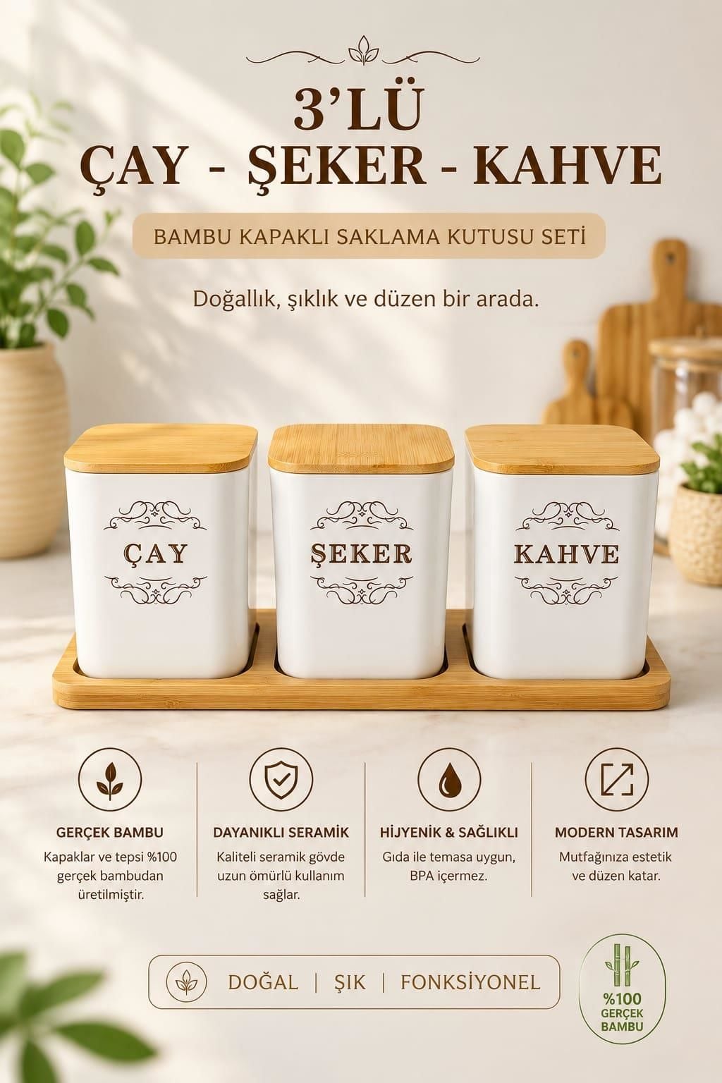Okyanus Home 3'lü Çay Kahve Şeker Kutusu Bambu Tepsili- 900ML