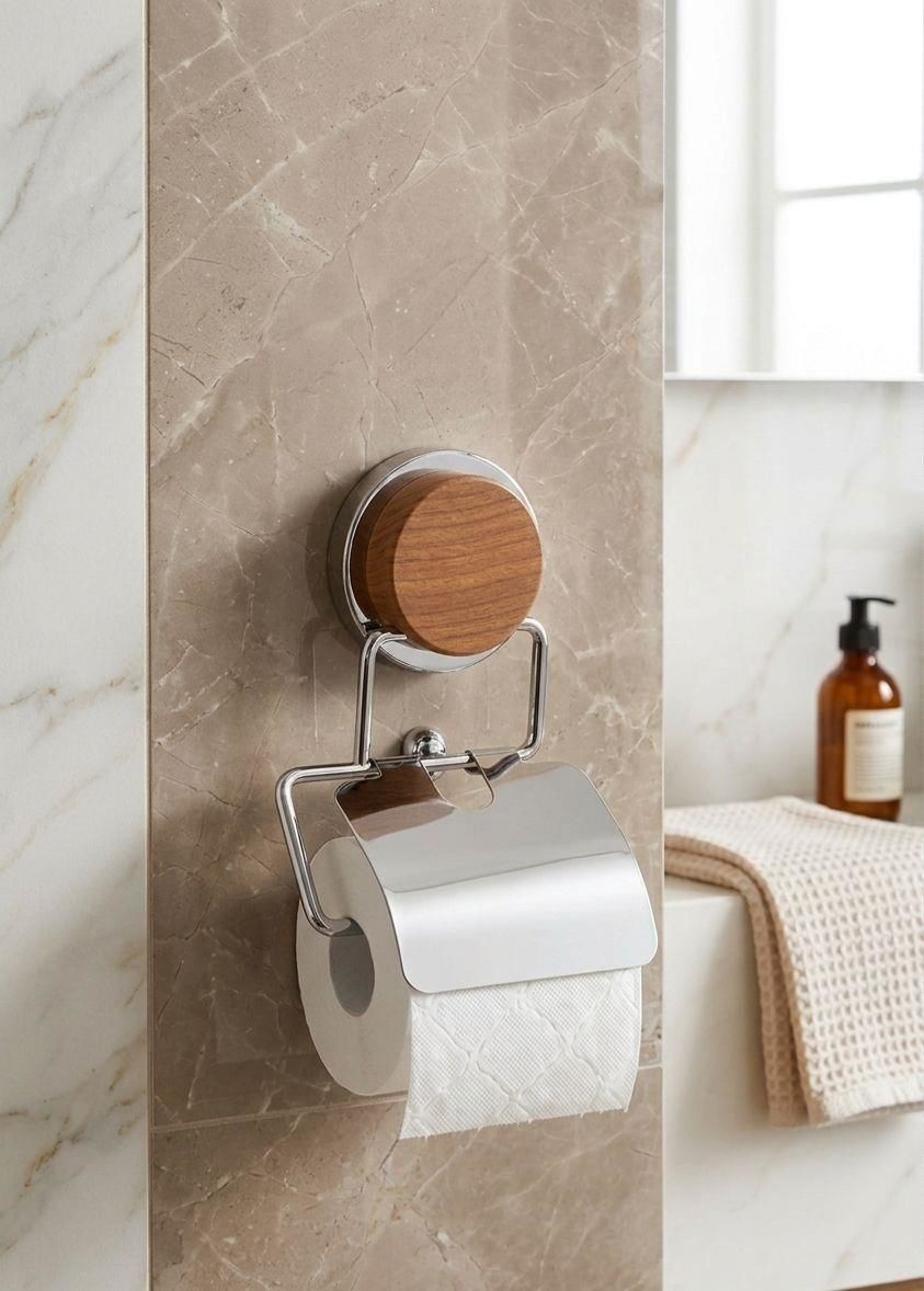 Okyanus Home Ahşap Desenli Magic Fix Sihirli Yapışkan Krom Kapaklı WC Kağıtlık