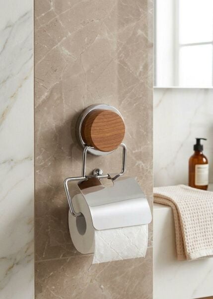 Okyanus Home Ahşap Desenli Magic Fix Sihirli Yapışkan Krom Kapaklı WC Kağıtlık