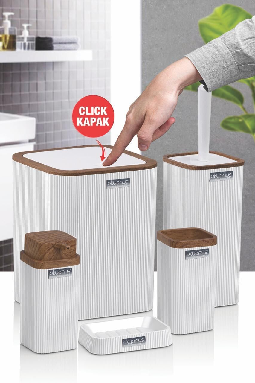 Okyanus Home Stella Beyaz Ahşap Desenli Çizgili 5'li Banyo Seti