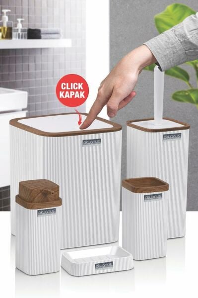 Okyanus Home Stella Beyaz Ahşap Desenli Çizgili 5'li Banyo Seti