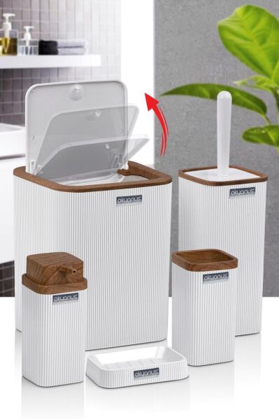 Okyanus Home Stella Beyaz Ahşap Desenli Çizgili 5'li Banyo Seti