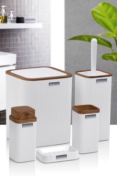 Okyanus Home Stella Beyaz Ahşap Desenli Çizgili 5'li Banyo Seti