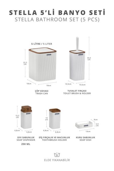 Okyanus Home Stella Beyaz Ahşap Desenli Çizgili 5'li Banyo Seti