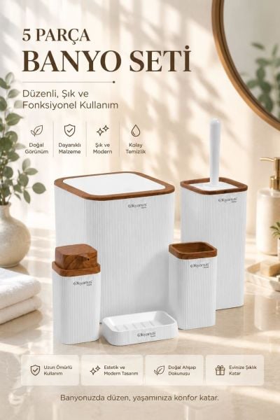Okyanus Home Stella Beyaz Ahşap Desenli Çizgili 5'li Banyo Seti