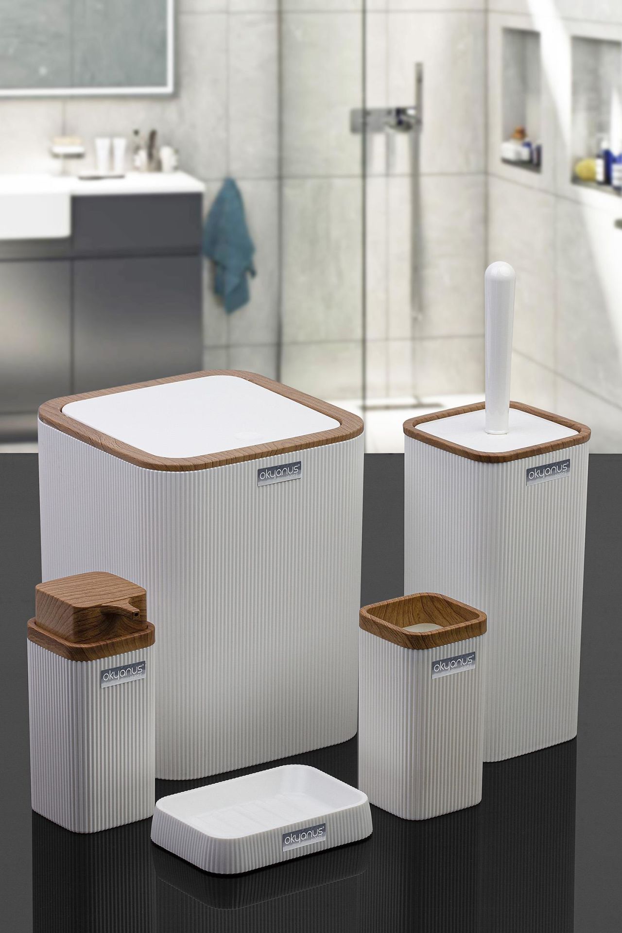 Okyanus Home Stella Beyaz Ahşap Desenli Çizgili 5'li Banyo Seti