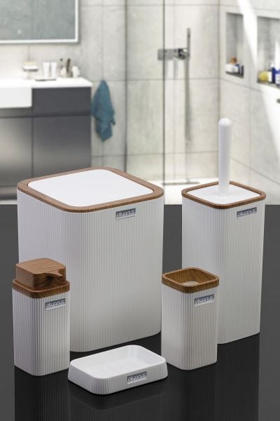 Okyanus Home Stella Beyaz Ahşap Desenli Çizgili 5'li Banyo Seti