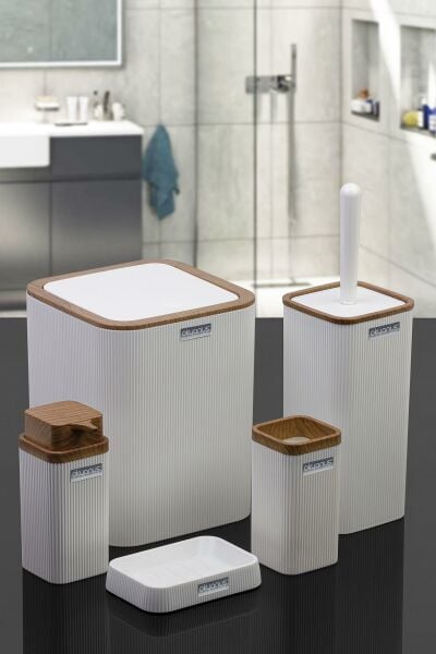 Okyanus Home Stella Beyaz Ahşap Desenli Çizgili 5'li Banyo Seti