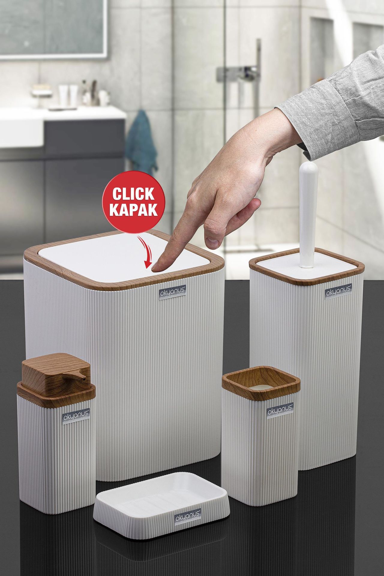 Okyanus Home Stella Beyaz Ahşap Desenli Çizgili 5'li Banyo Seti