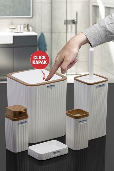 Okyanus Home Stella Beyaz Ahşap Desenli Çizgili 5'li Banyo Seti