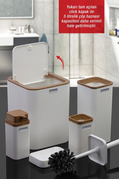 Okyanus Home Stella Beyaz Ahşap Desenli Çizgili 5'li Banyo Seti