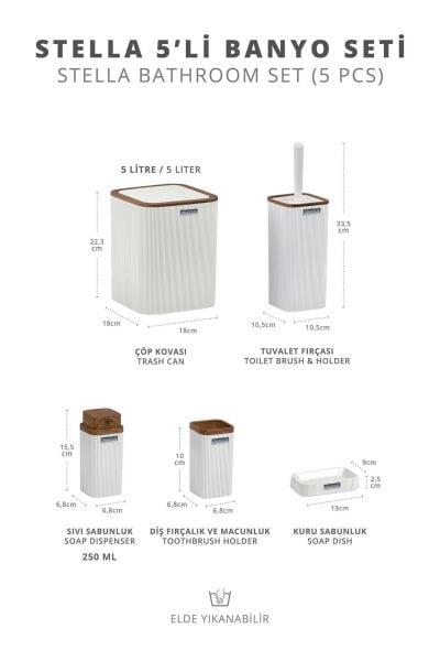 Okyanus Home Stella Beyaz Ahşap Desenli Çizgili 5'li Banyo Seti