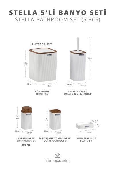 Okyanus Home Stella Beyaz Ahşap Desenli Çizgili 5'li Banyo Seti
