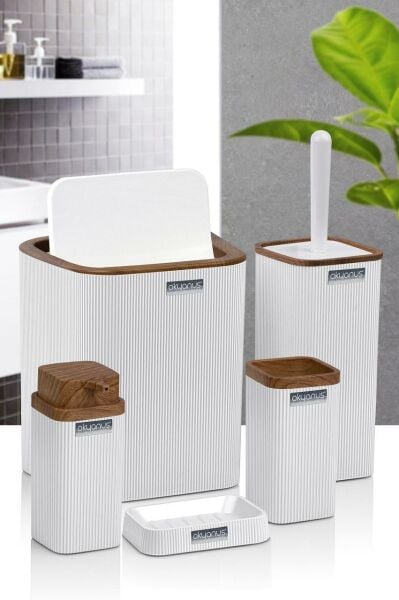 Okyanus Home Stella Beyaz Ahşap Desenli Çizgili 5'li Banyo Seti