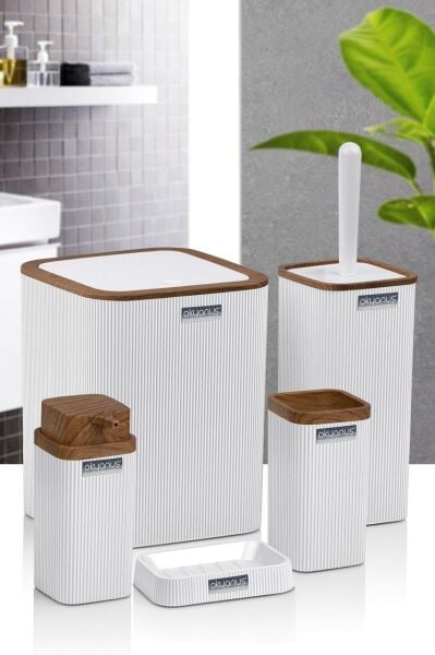 Okyanus Home Stella Beyaz Ahşap Desenli Çizgili 5'li Banyo Seti
