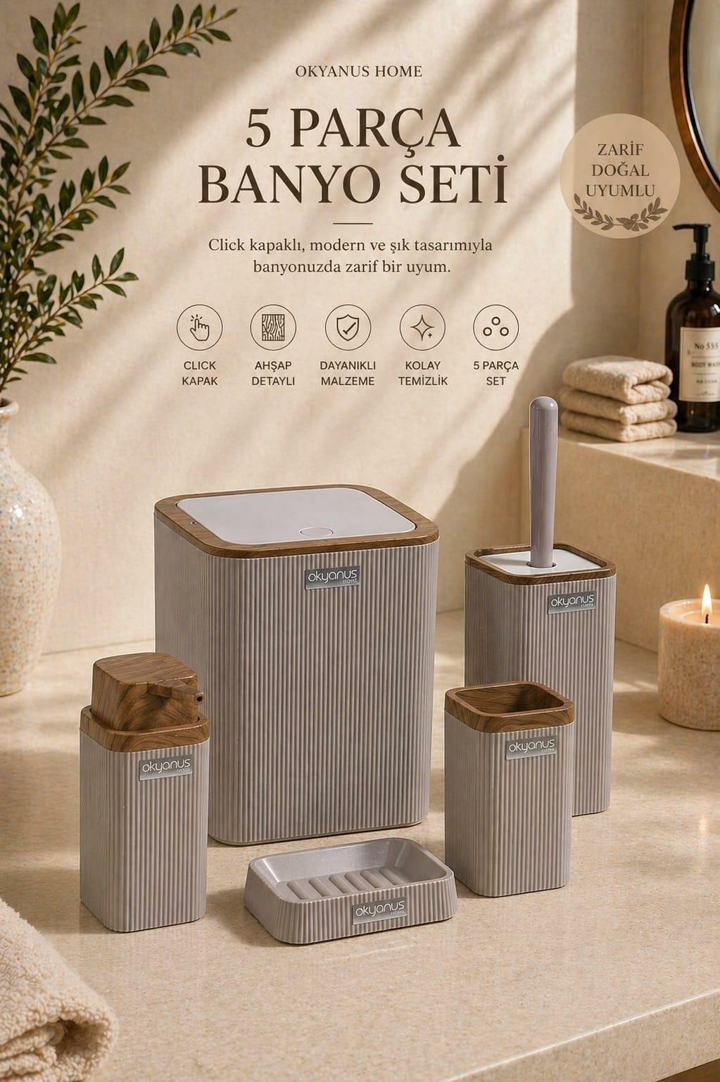 Okyanus Home Stella Vizon Ahşap Desenli Çizgili 5'li Banyo Seti