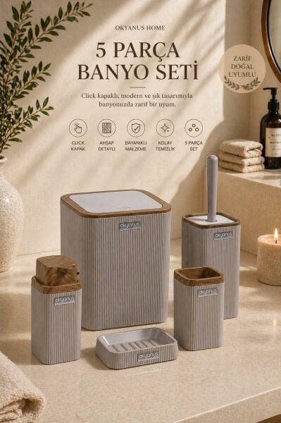 Okyanus Home Stella Vizon Ahşap Desenli Çizgili 5'li Banyo Seti