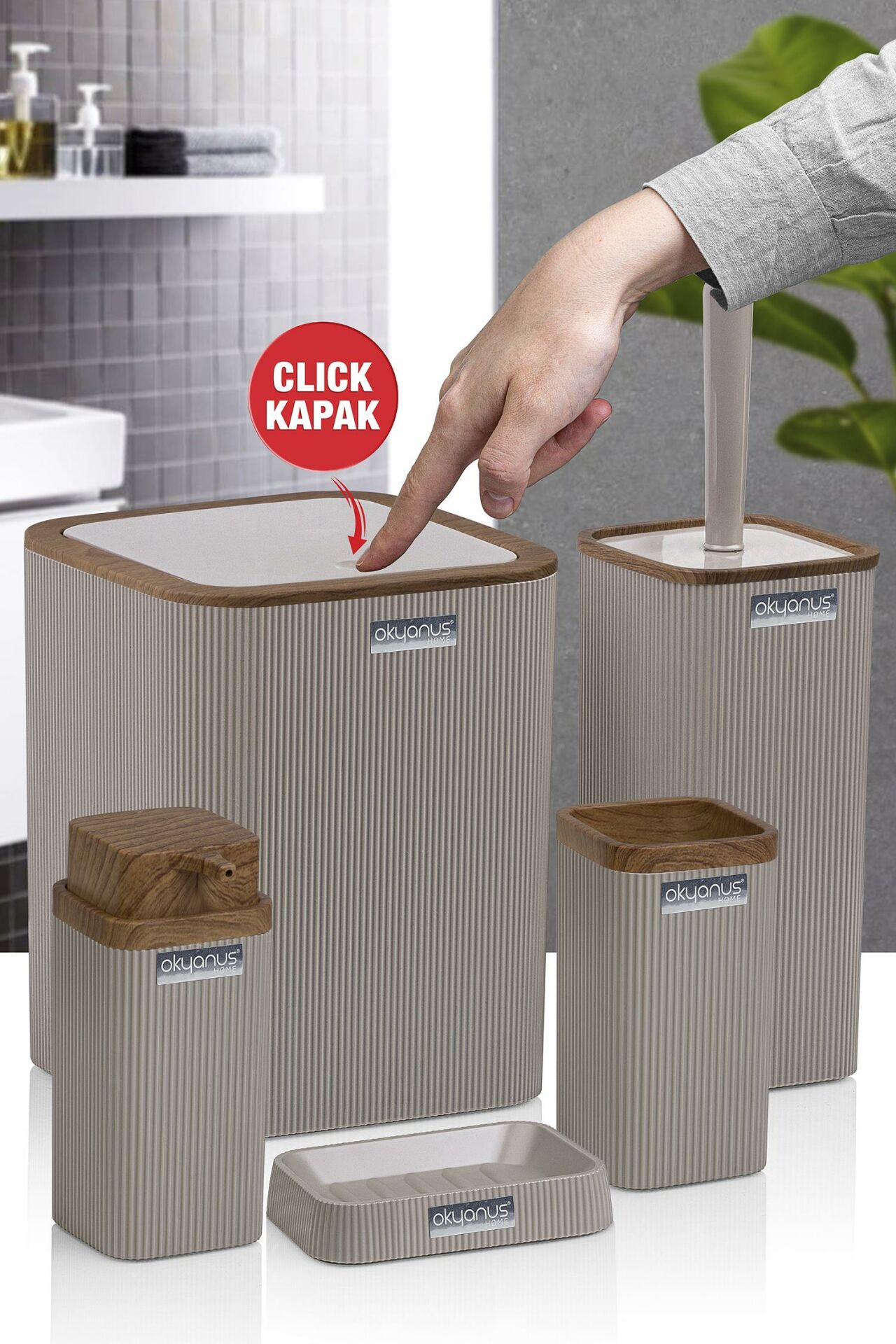 Okyanus Home Stella Vizon Ahşap Desenli Çizgili 5'li Banyo Seti