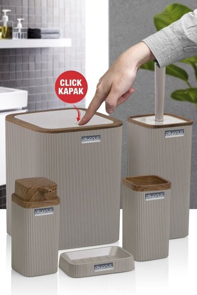 Okyanus Home Stella Vizon Ahşap Desenli Çizgili 5'li Banyo Seti