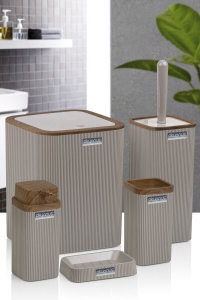Okyanus Home Stella Vizon Ahşap Desenli Çizgili 5'li Banyo Seti