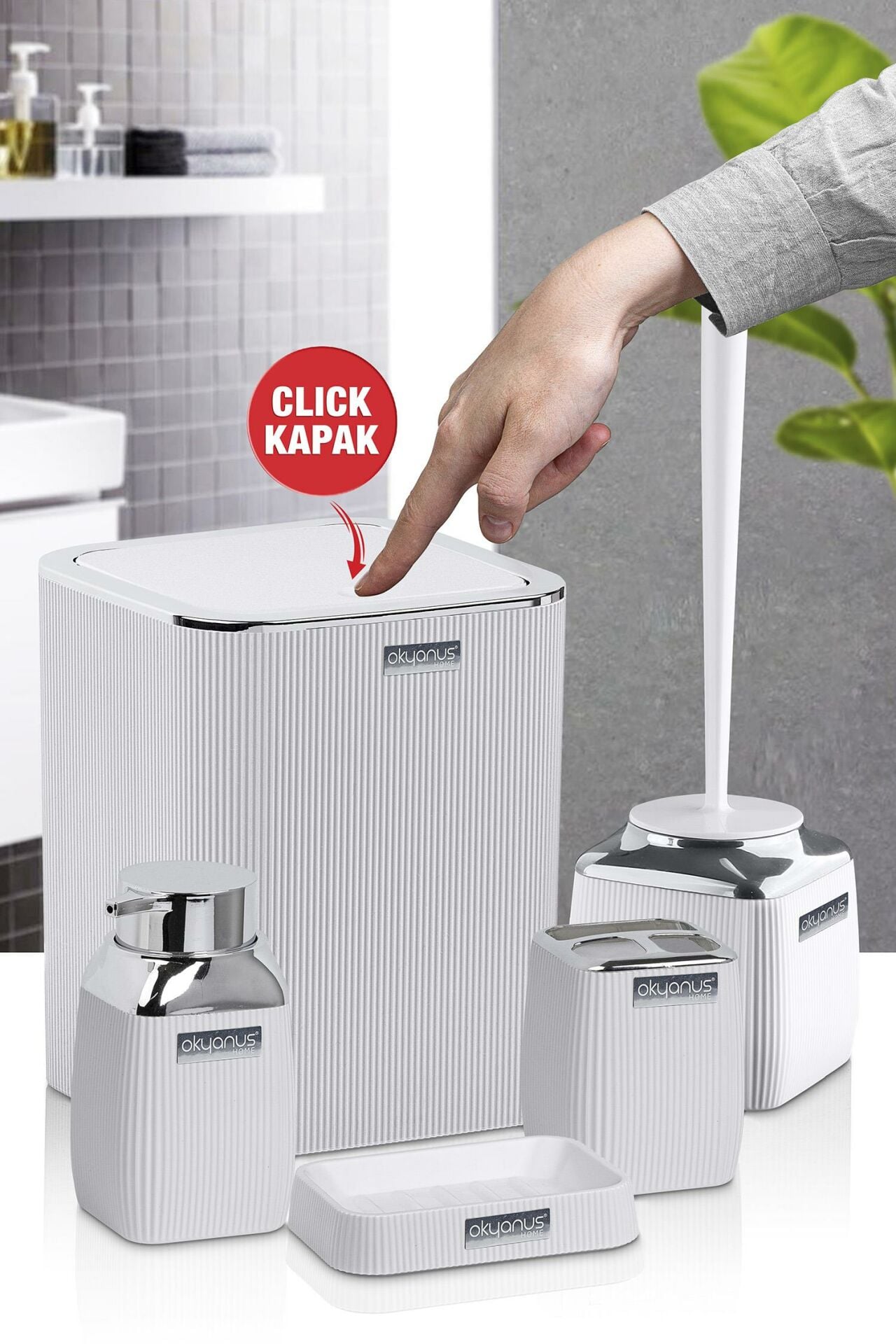 Okyanus Home Beyaz Çizgili Krom 5'li Banyo Seti