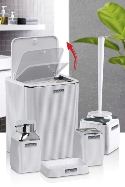 Okyanus Home Beyaz Çizgili Krom 5'li Banyo Seti