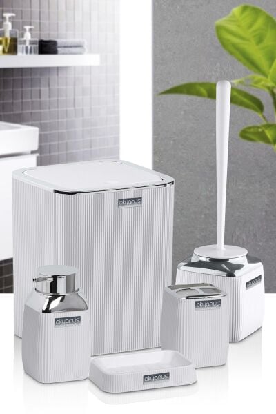 Okyanus Home Beyaz Çizgili Krom 5'li Banyo Seti