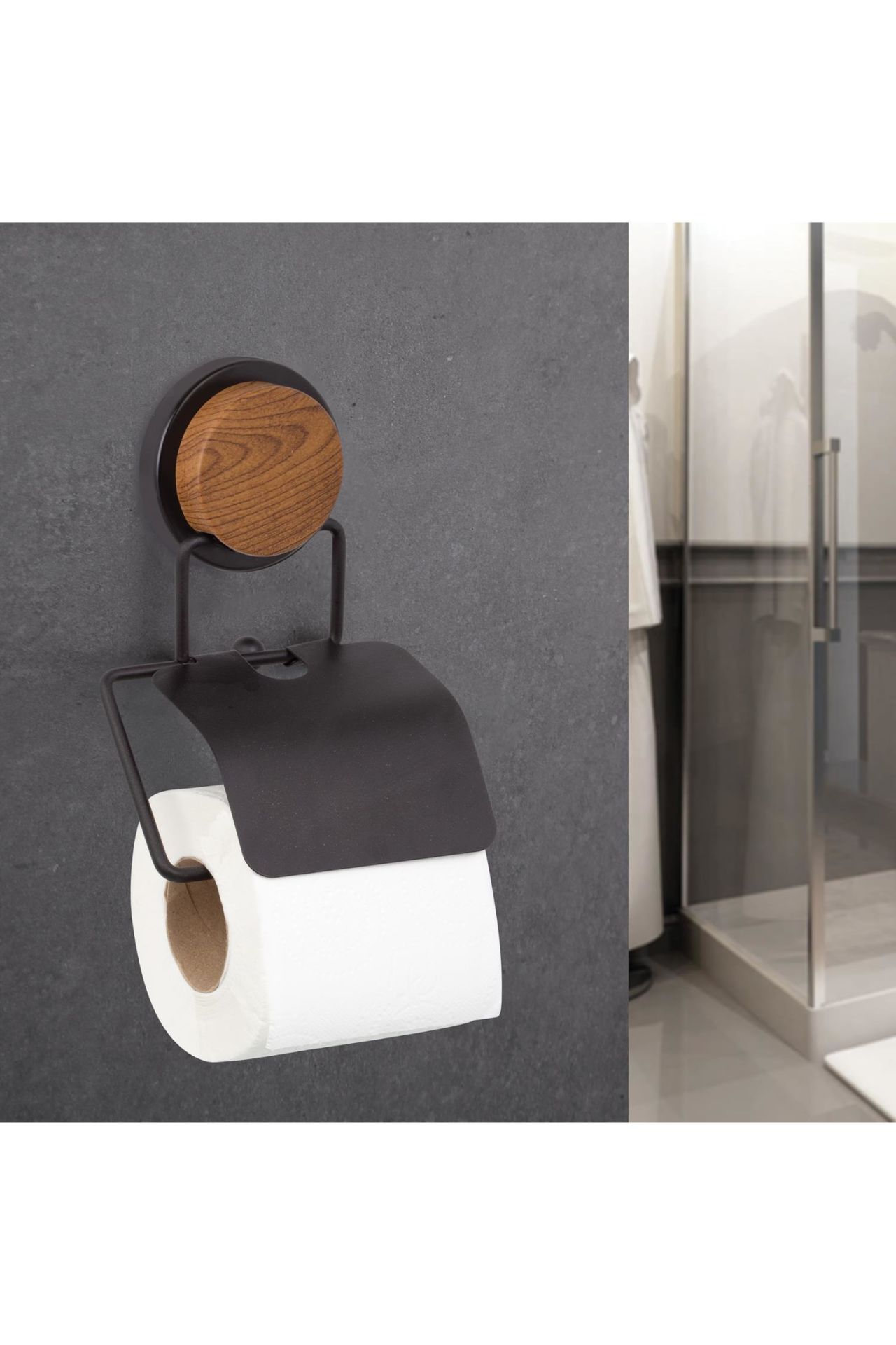 Okyanus Home Ahşap Desenli Magic Fix Sihirli Yapışkan Siyah Kapaklı Tuvalet Kağıtlık MGS-712W