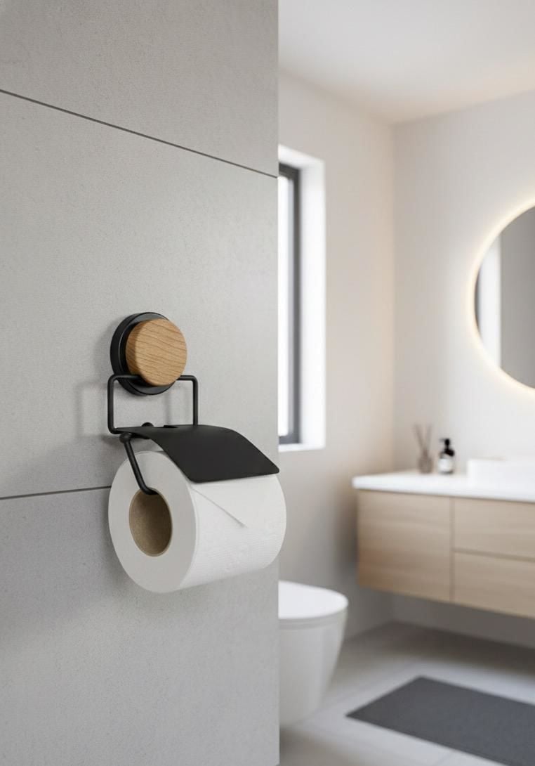 Okyanus Home Ahşap Desenli Magic Fix Sihirli Yapışkan Siyah Kapaklı Tuvalet Kağıtlık MGS-712W