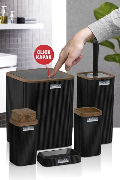 Okyanus Home Stella Siyah Ahşap Desenli Çizgili 5'li Banyo Seti