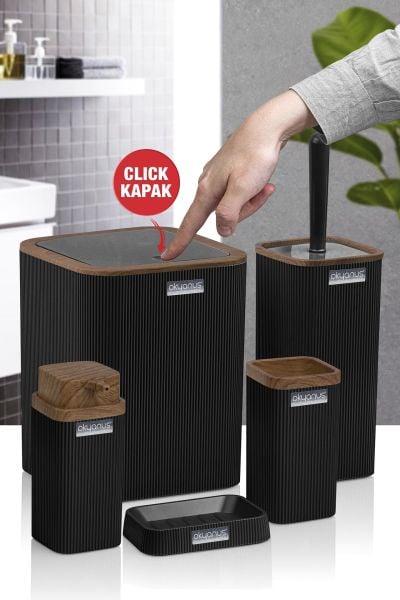 Okyanus Home Stella Siyah Ahşap Desenli Çizgili 5'li Banyo Seti