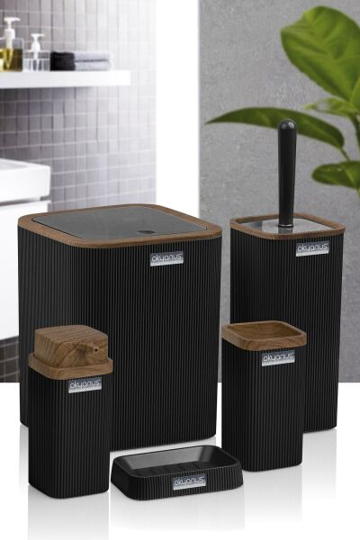 Okyanus Home Stella Siyah Ahşap Desenli Çizgili 5'li Banyo Seti