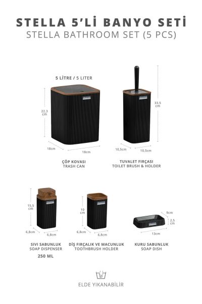 Okyanus Home Stella Siyah Ahşap Desenli Çizgili 5'li Banyo Seti