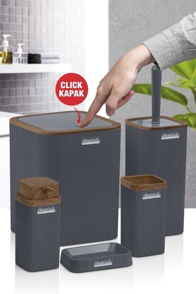 Okyanus Home Stella Antrasit Ahşap Desenli Çizgili 5'li Banyo Seti