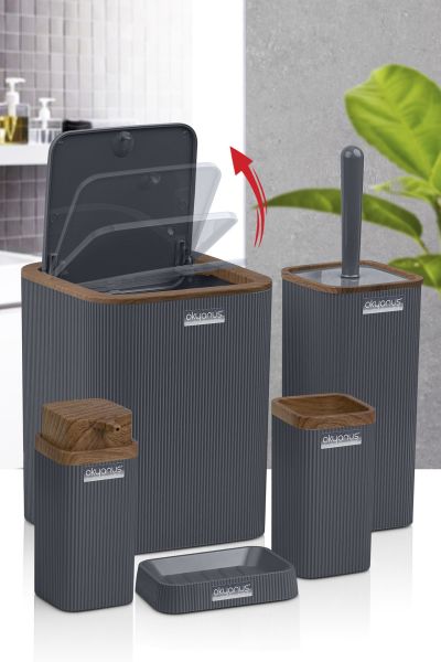 Okyanus Home Stella Antrasit Ahşap Desenli Çizgili 5'li Banyo Seti