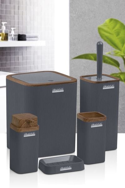 Okyanus Home Stella Antrasit Ahşap Desenli Çizgili 5'li Banyo Seti