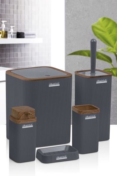 Okyanus Home Stella Antrasit Ahşap Desenli Çizgili 5'li Banyo Seti