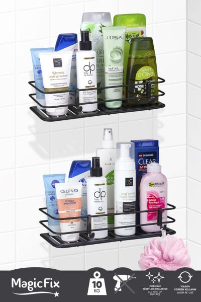 Okyanus Home Siyah Eko Magic Fix Sihirli Yapışkan Twix Banyo Rafı 2 Adet- 13x30cm