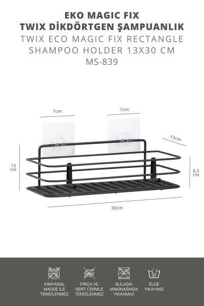 Okyanus Home Siyah Eko Magic Fix Sihirli Yapışkan Twix Banyo Rafı 2 Adet- 13x30cm