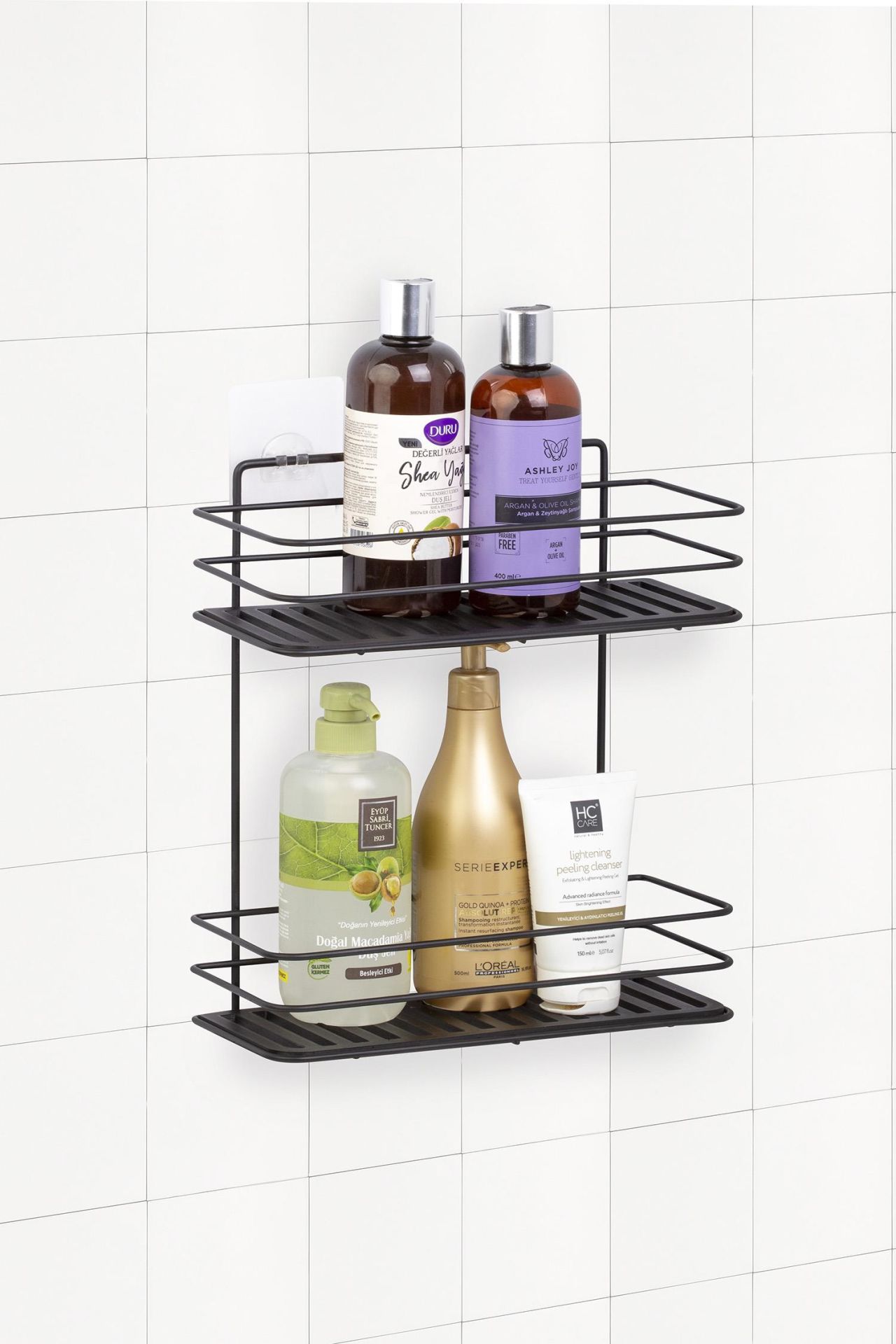 Okyanus Home Siyah Eko Magic Fix Sihirli Yapışkan Twix İki Katlı Banyo Rafı - 13x30cm