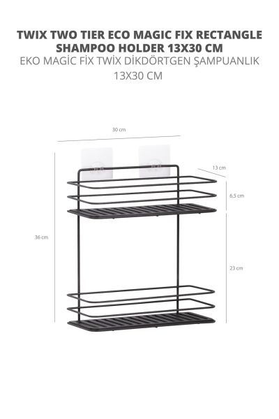 Okyanus Home Siyah Eko Magic Fix Sihirli Yapışkan Twix İki Katlı Banyo Rafı - 13x30cm