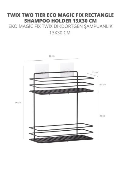 Okyanus Home Siyah Eko Magic Fix Sihirli Yapışkan Twix İki Katlı Banyo Rafı - 13x30cm