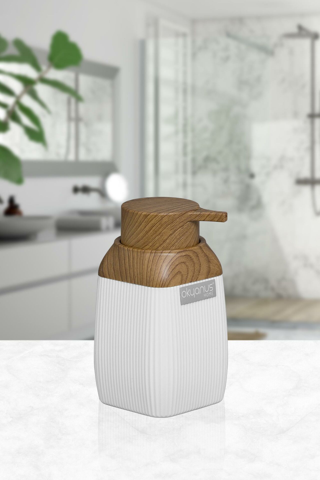Okyanus Home Ahşap Desenli Beyaz Çizgili Kare Sıvı Sabunluk