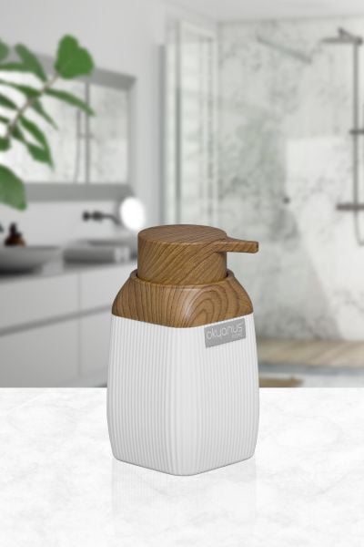 Okyanus Home Ahşap Desenli Beyaz Çizgili Kare Sıvı Sabunluk