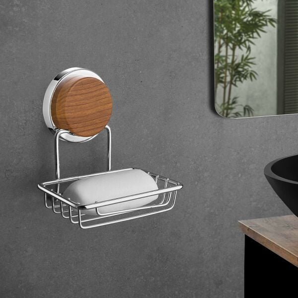 Okyanus Home Ahşap Desenli Magic Fix Sihirli Yapışkan Krom Kuru Sabunluk