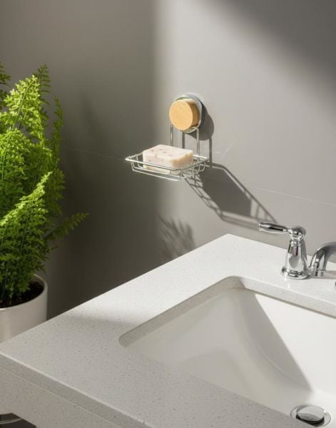 Okyanus Home Ahşap Desenli Magic Fix Sihirli Yapışkan Krom Kuru Sabunluk